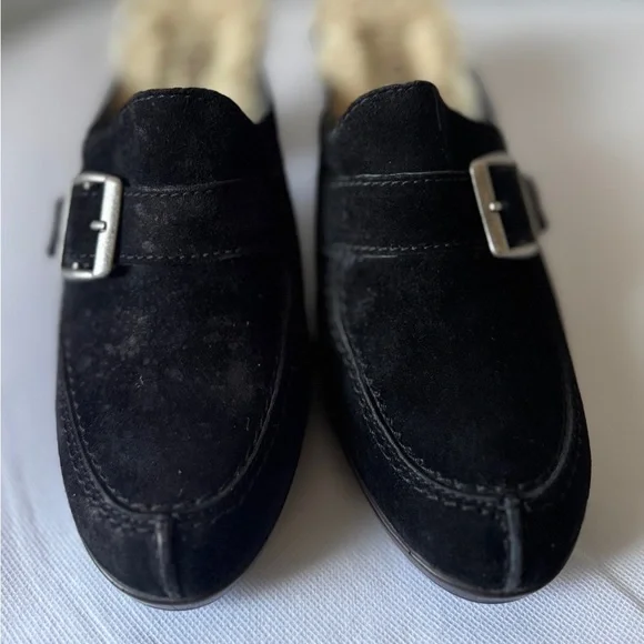 Ugg Size 7 Women’s Black Suede Shearling Heeled Clogs - Picture 7 of 16